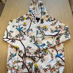 Forever 21 White Bird Floral Pattern Men’s S Zip-Up Hoodie Windbreaker